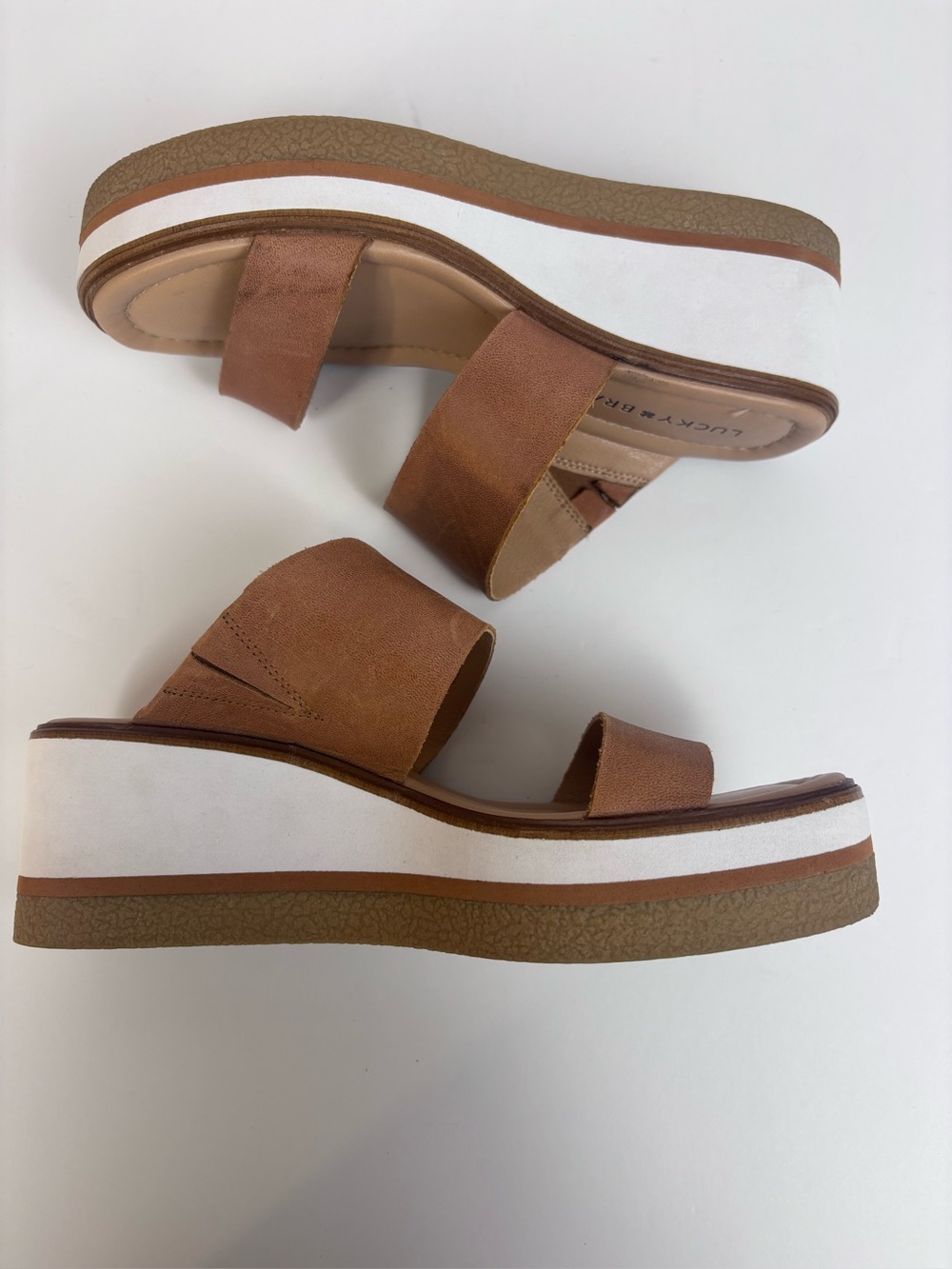 Lucky Brand Leather Platform Slide Sandals Double Strap Wedge Shoes Brown Size 7 - Picture 9 of 16